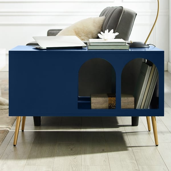 Blue End Table with Storage Living Room Side Table 2 Drawer & Open