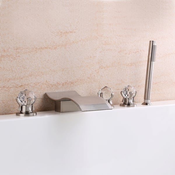 Deck Mounted Waterfall Roman Tub Faucet with Hand Shower Triple Crystal
