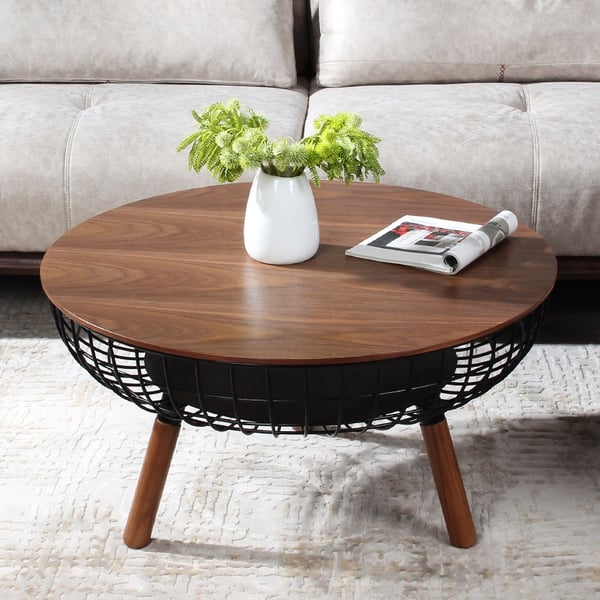 Rustic Round Coffee Table Wood Coffee Table with Basket Storage in