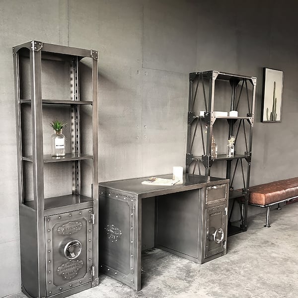 Industrial Metal Writing Desk with Storage Shelf and Drawer Brushed