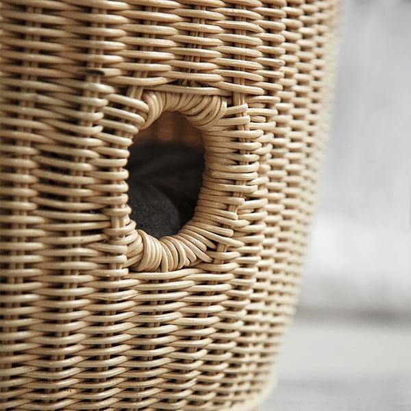 550mm Beige Rattan End Table Cat Bed Round Clear Tempered Glass Table