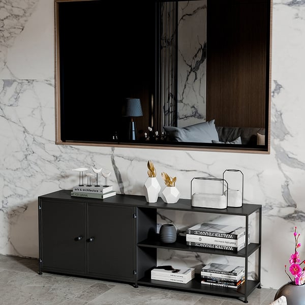 Modern Black TV Stand Metal Frame with 1 Shelf & 2 Doors for TVs up to