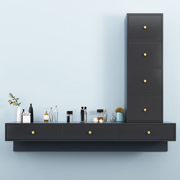 Modern Black Floating Desk with Drawers Wall Mounted Desk in Pine Wood