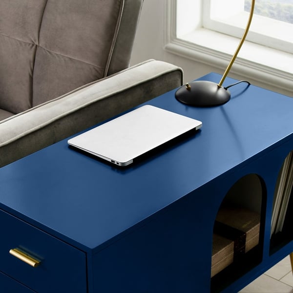 Blue End Table with Storage Living Room Side Table 2 Drawer & Open