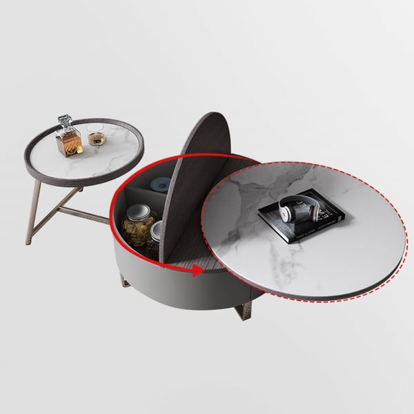 Gray Round Swivel Coffee Table with Storage Drawer 2 Piece Set White