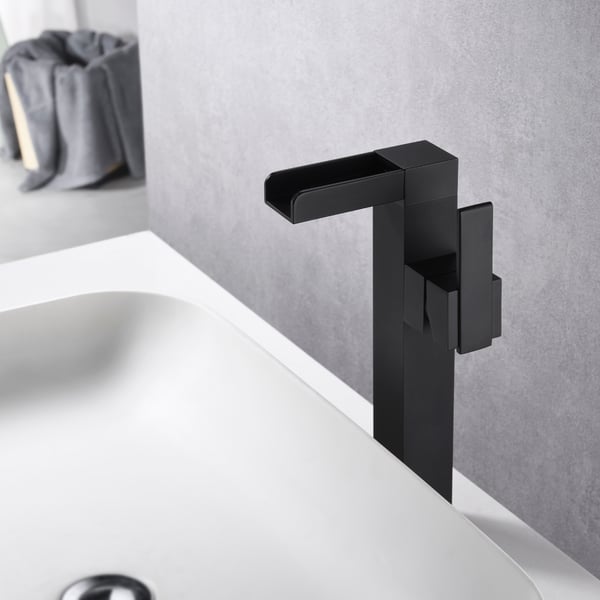 AUU Waschtischarmatur Mit Wasserfall-Auslauf – Mattschwarz, Massives Messing, Einhebel, Inkl. Pop-Up-Ablauf