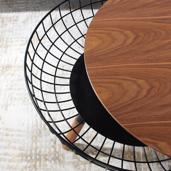 Rustic Round Coffee Table Wood Coffee Table with Basket Storage in