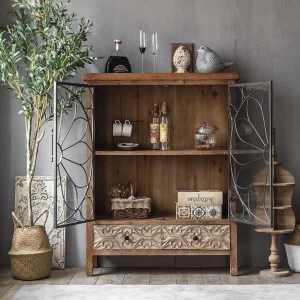 Industrial Rustic Carved Patterns Glass Doors with 2 Drawers