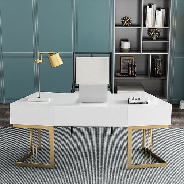 White Writing Desk with Drawer Modern Computer Desk MDF&Metal Gold Homary