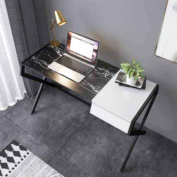 Modern Black Writing Desk with Drawer Office Desk Metal Frame Homary
