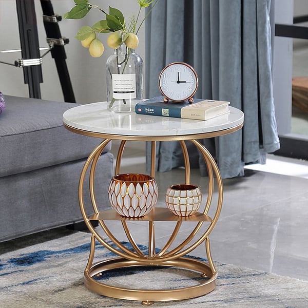 Modern White End Table with Storage Shelf Marble Top Homary UK