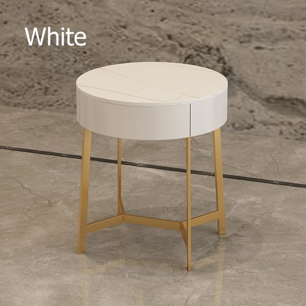 White Round Side Table with Drawer Sintered Stone Top Accent Table