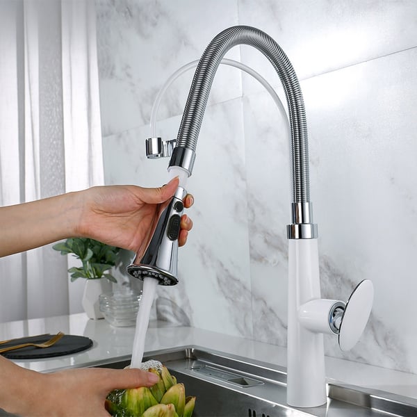 1Handle Pull Down Kitchen Tap Dual Spray in Matte White & Chrome Homary UK