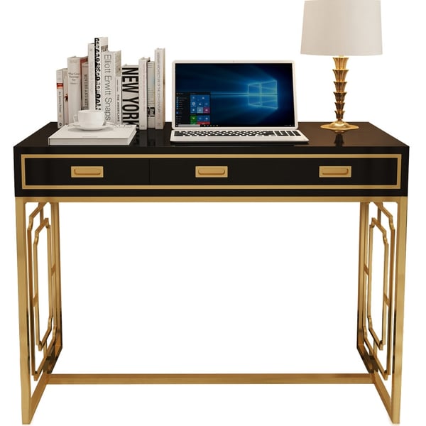 Black Office Desk Modern Gold Writing Desk with 3 Drawers Lacquer