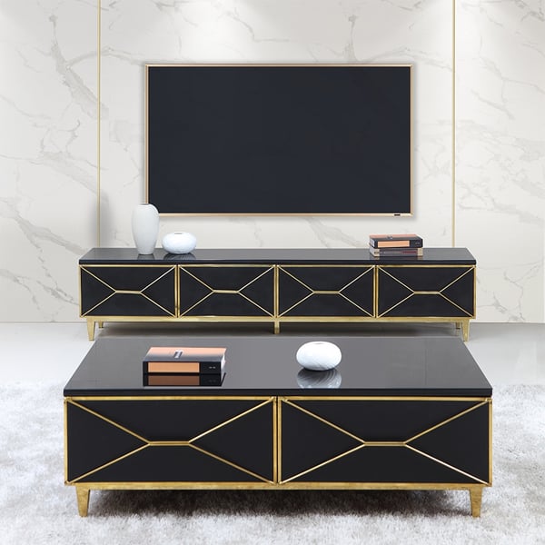 2000mm Modern Black TV Stand Glass Top Media Console with 4 Drawers in