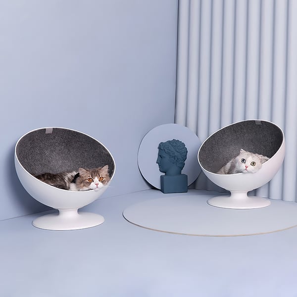 16" Swivel Ball Chair Cat Bed Round Hooded Nest in White with Gray