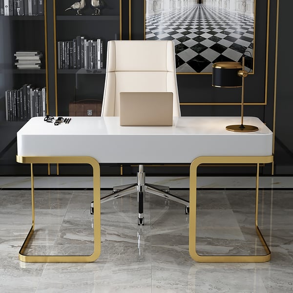 White Rectangular Writing Desk Modern Computer Desk with Drawer Gold