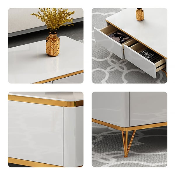 Modern White Rectangular Coffee Table with 4-Drawer Storage Gold Base ...