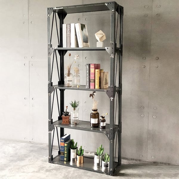 4 Shelf Industrial Loft Bookshelf Metal Bookcase Brushed Black Display ShelfHomary