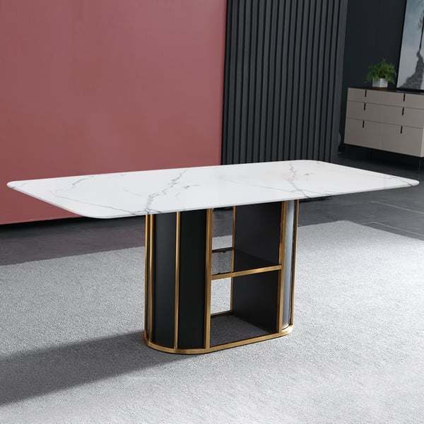55" Modern White Rectangular Sintered Stone Dining Table with Storage ...