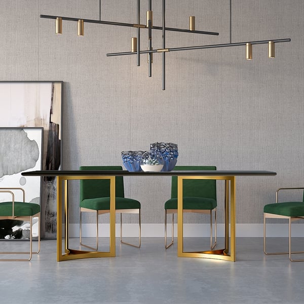 Modern 63" Rectangular Dining Table Faux Marble Top & Golden Base Black