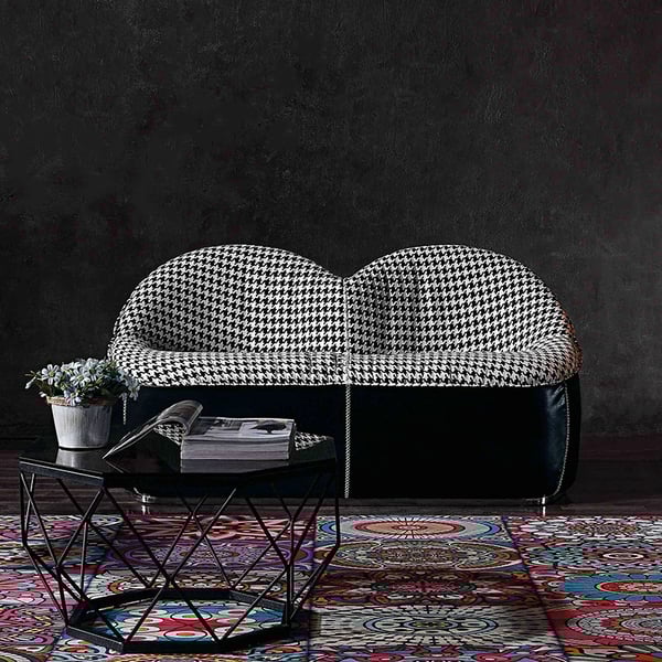 Retro Houndstooth Black & White Loveseat Fabric & Leather Loveseat Sofa