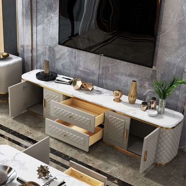 Contemporary Grey TV Stand Faux Marble Top Faux Leather Upholstery