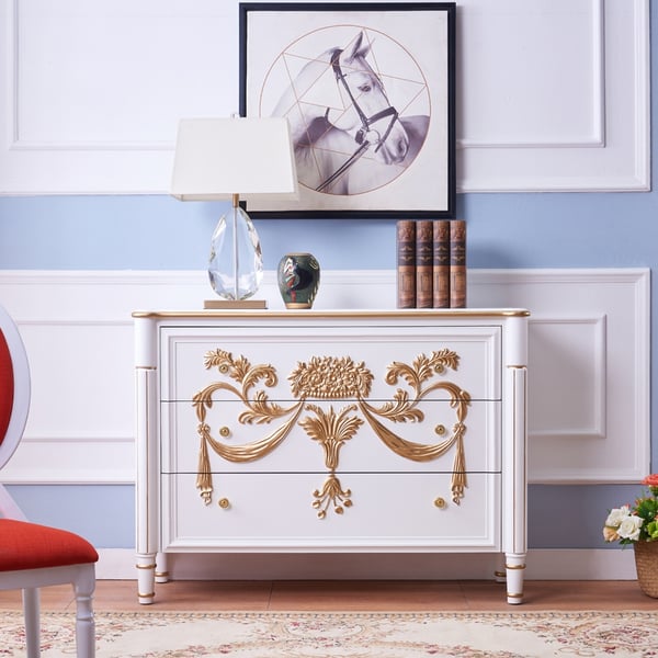 47" Classic White Entryway Embossed Flower Patterns 3 Drawers