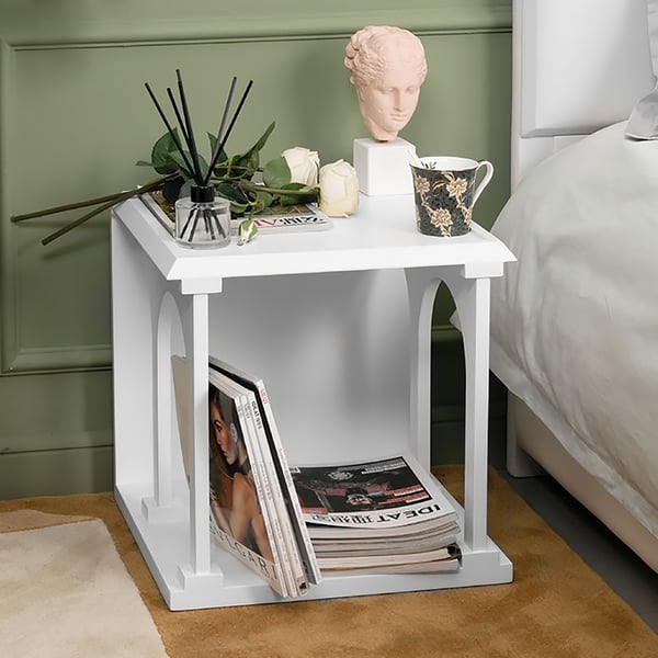 Nordic Style White End Table with Open Storage Shelf Square WoodenHomary