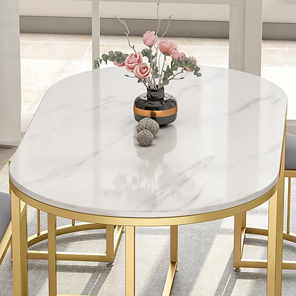 Modern White Oval Dining Table with Stools Sintered Stone Top & Metal
