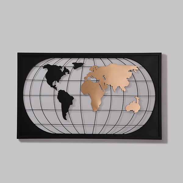 Black & Rose Gold Metal World Map Modern Geometric Rectangular Frame