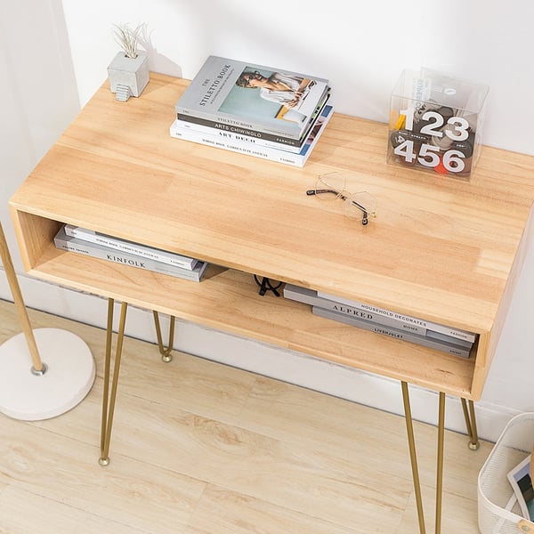 Modern Natural Desk with Shelf Pine Wood Frame & Metal Legs Writing DeskHomary