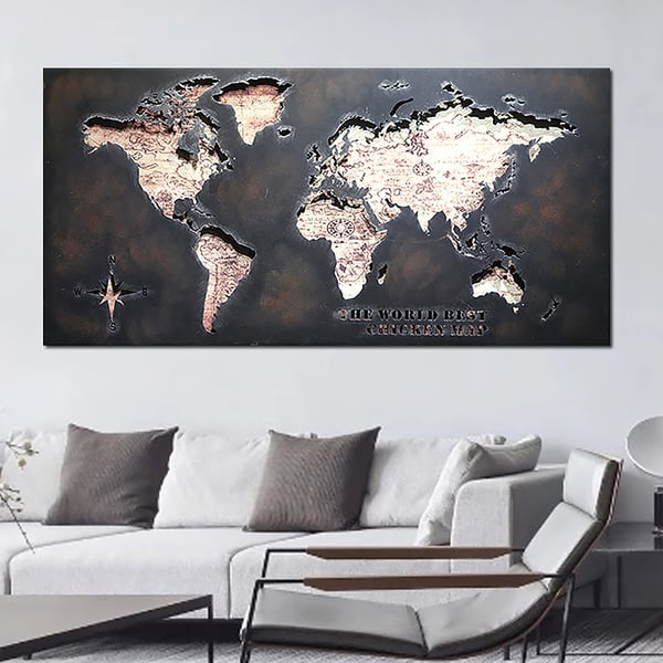 Hencely XXL Metal World Map Wall Art – Modern Black Metal Panel Decor