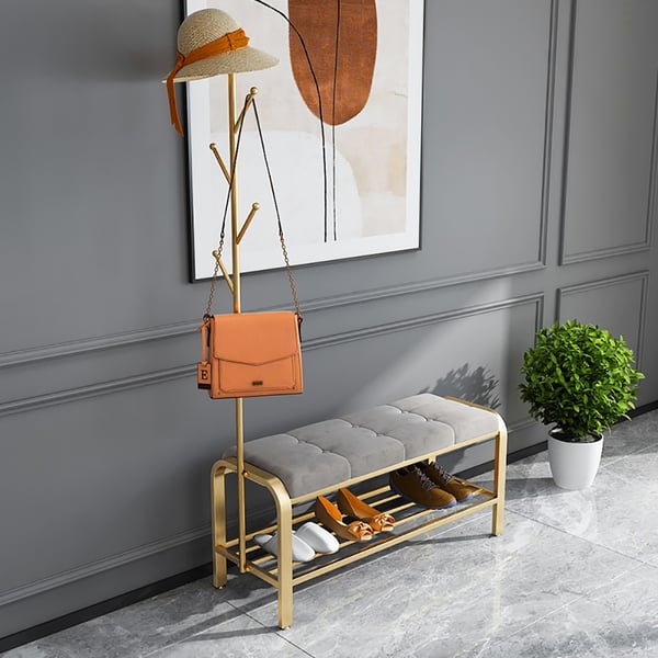 Modern Entryway Upholstery Shoe Bench with Coat Rack Homary