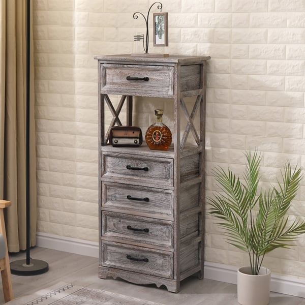 Wood Rustic Storage with 5 Drawers & 2 Shelves Homary UK