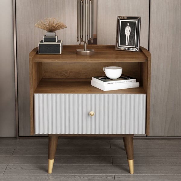 Contemporary Walnut Nightstand 1 Drawer Bedside Table in Gold
