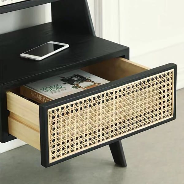 Nordic Black Nightstand 1Drawer Bedside Table Rattan Woven Homary