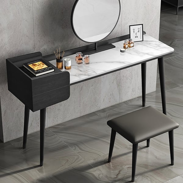 White & Black Makeup Vanity Set Faux Marble Top with 2 Drawers Mirror ...