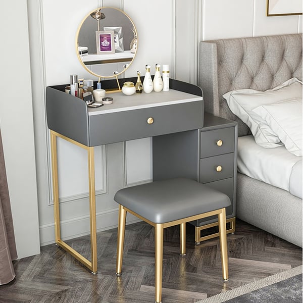Modern Grey Makeup Vanity Retracted Faux Marble Dressing Table with