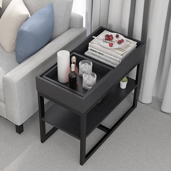 Modern Black End Table with Shelf & Storage Wooden Side Table Metal Frame-Homary