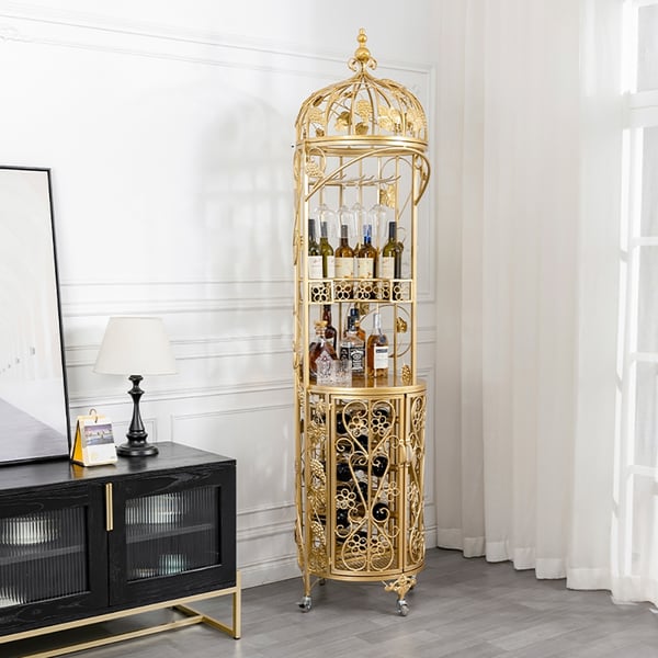 Modern CageShaped Metal Standing Wine Rack in Gold with Casters Homary