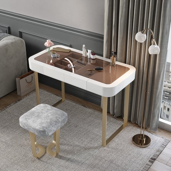 47" White Makeup Vanity Tempered Glass Top Lacquered 1Drawer Dressing