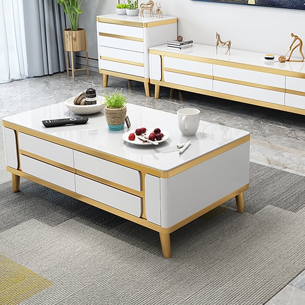 White Modern Coffee Table with Storage Tempered Glass Top & Wood Legs