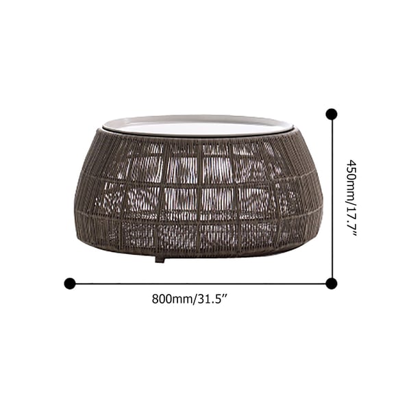 800.1mm Brown Outdoor Coffee Table Rattan Patio Round Table with Glass