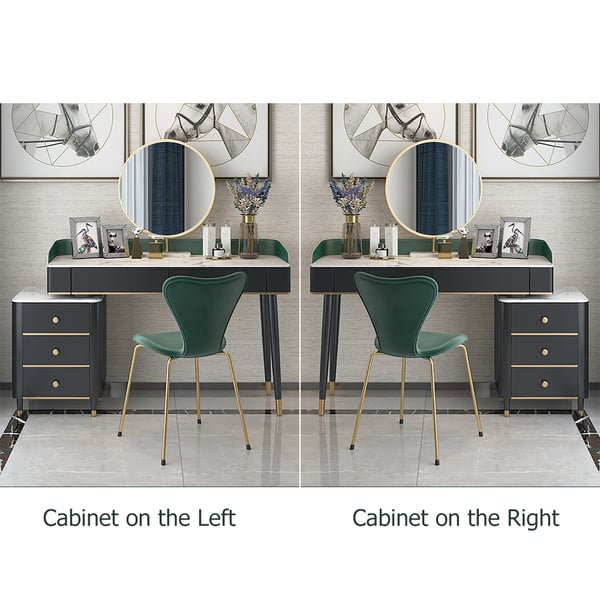 Modern Green Makeup Vanity Set Retracted Faux Marble Top 5 Drawers