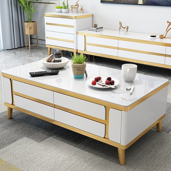 White Modern Coffee Table with Storage Tempered Glass Top & Wood Legs Homary UK
