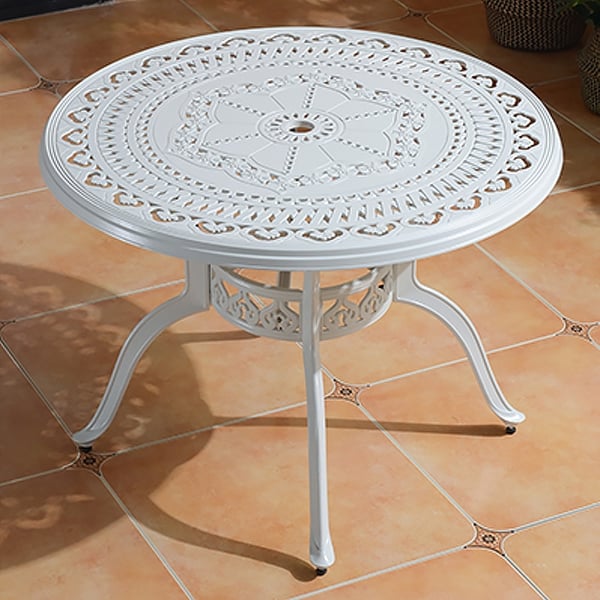 5Piece White Aluminum Patio Dining Set with Hollow Carved Round Table