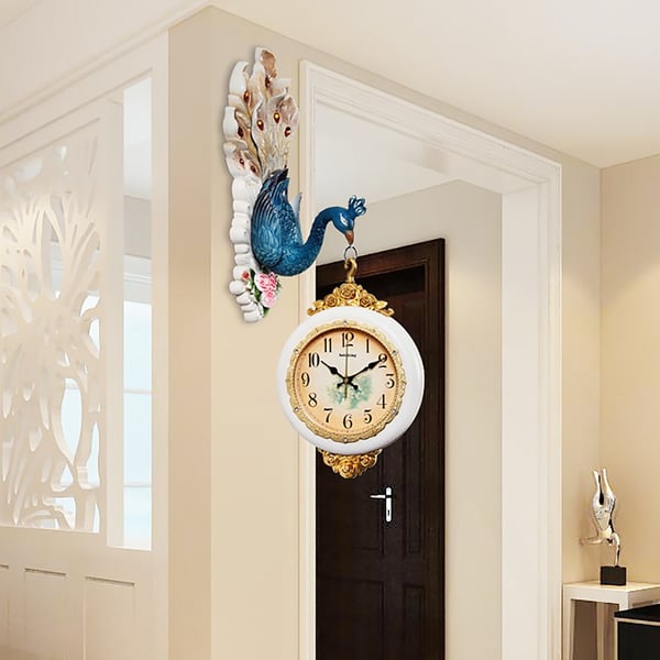 European Style TwoSided Wall Clock Embossed Peacock Decorative Hanging