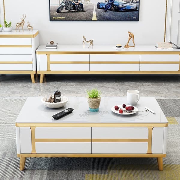 White Modern Coffee Table with Storage Tempered Glass Top & Wood Legs