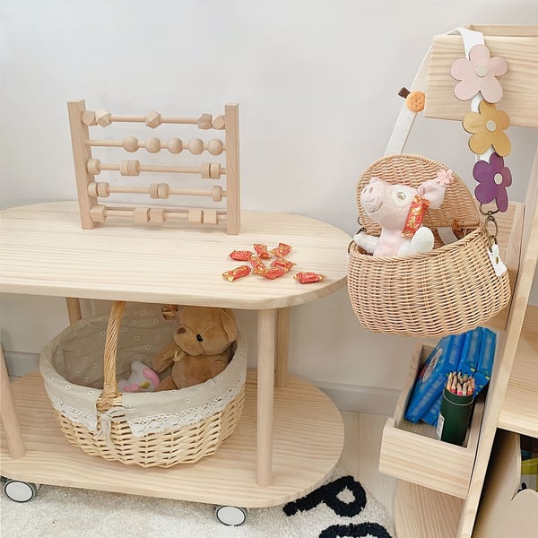 Wooden 2Tier Kids Toys Organiser Shelves Storage Cart with Casters